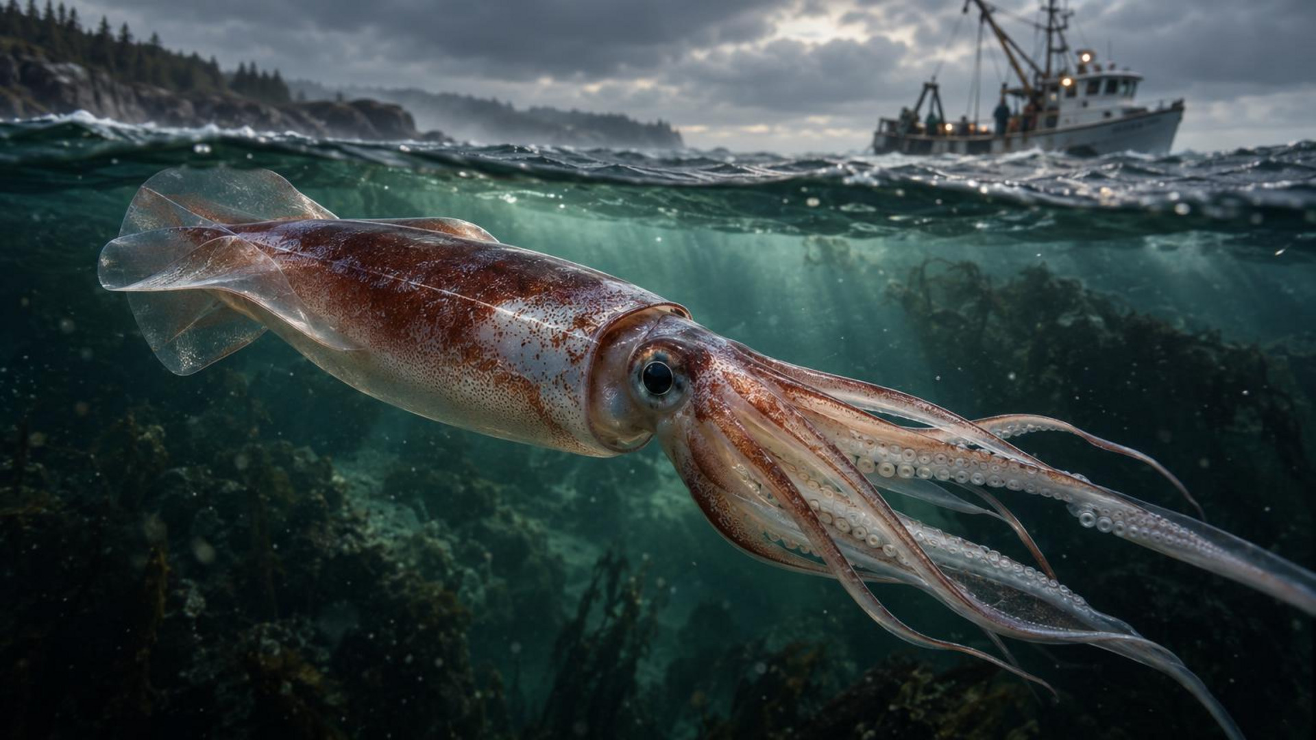 Ilustración de un pulso de agua fría desplazándose por la plataforma continental del noreste de Estados Unidos junto a barcos pesqueros y calamares longfin.