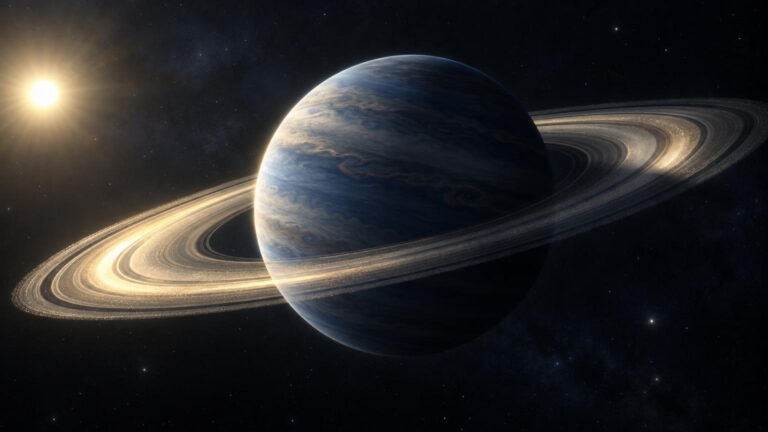 Ilustración de un gigante gaseoso con anillos tipo Saturno en luz reflejada, inspirado en simulaciones para ε Eridani b y Roman CGI.