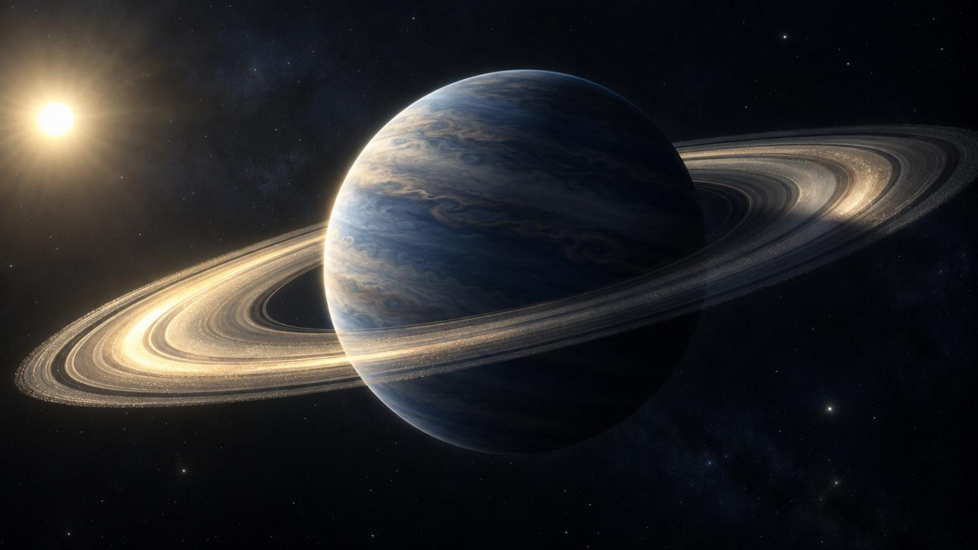 Ilustración de un gigante gaseoso con anillos tipo Saturno en luz reflejada, inspirado en simulaciones para ε Eridani b y Roman CGI.