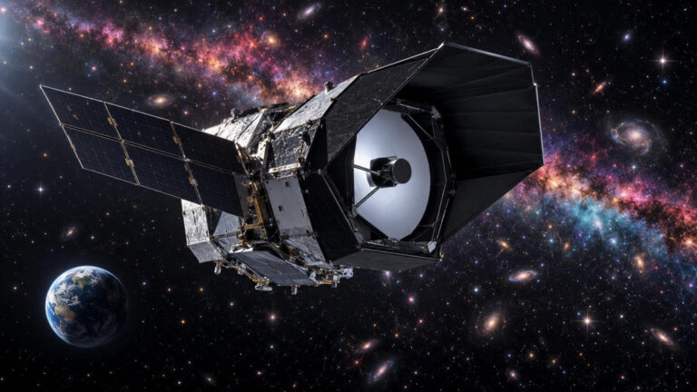Ilustración del telescopio espacial Roman rumbo a L2 para cartografiar el cielo en visible e infrarrojo cercano.
