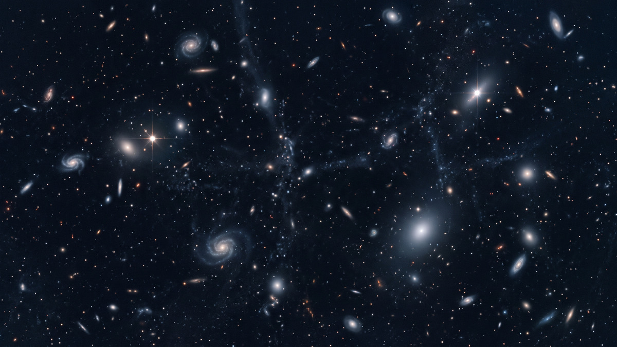 Ilustración de galaxias y supernovas ordenadas en un mapa cósmico conceptual.