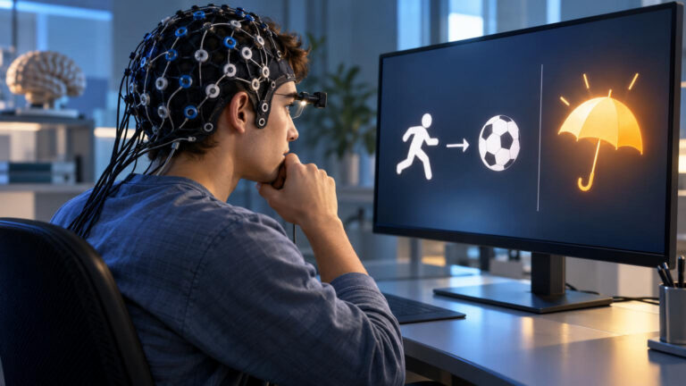 Ilustración de una persona con EEG realizando una tarea de memoria asociativa ante una pantalla con una imagen inesperada.