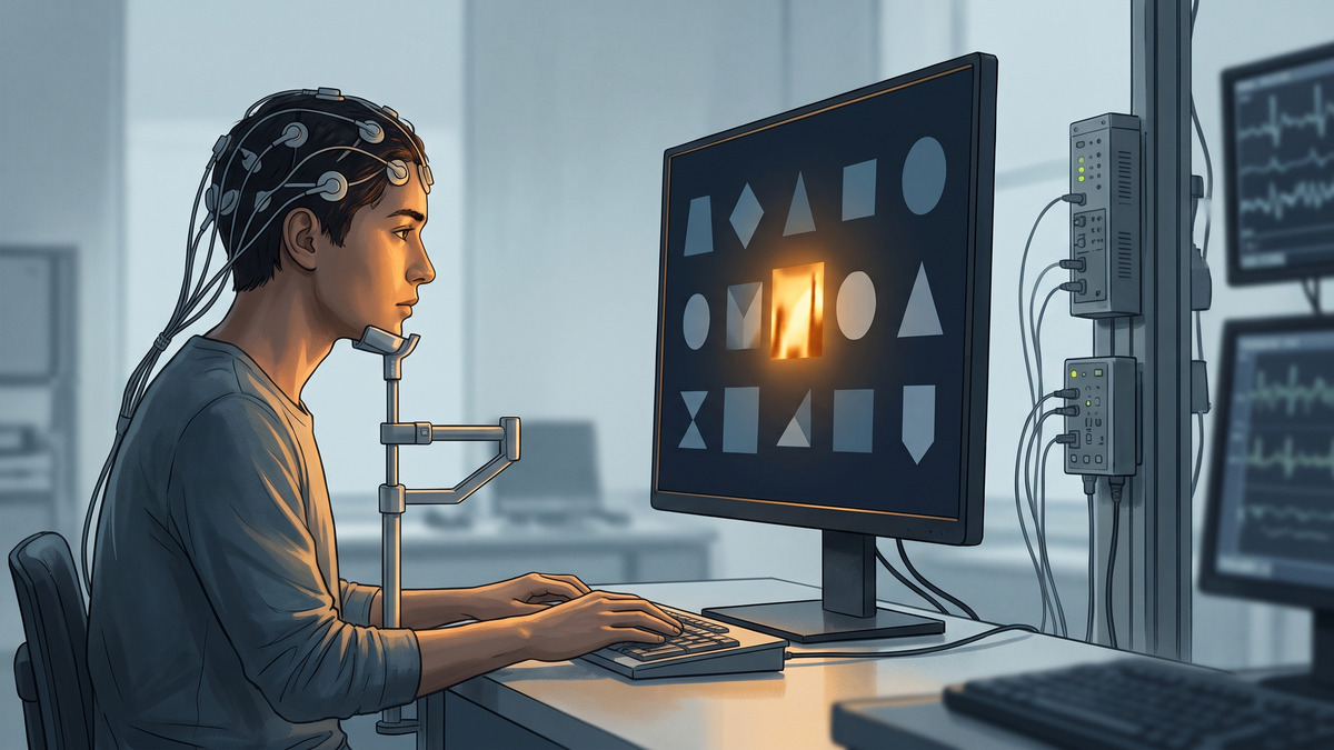 Ilustración de un laboratorio cognitivo con una pantalla que muestra una asociación inesperada y señales de registro fisiológico.