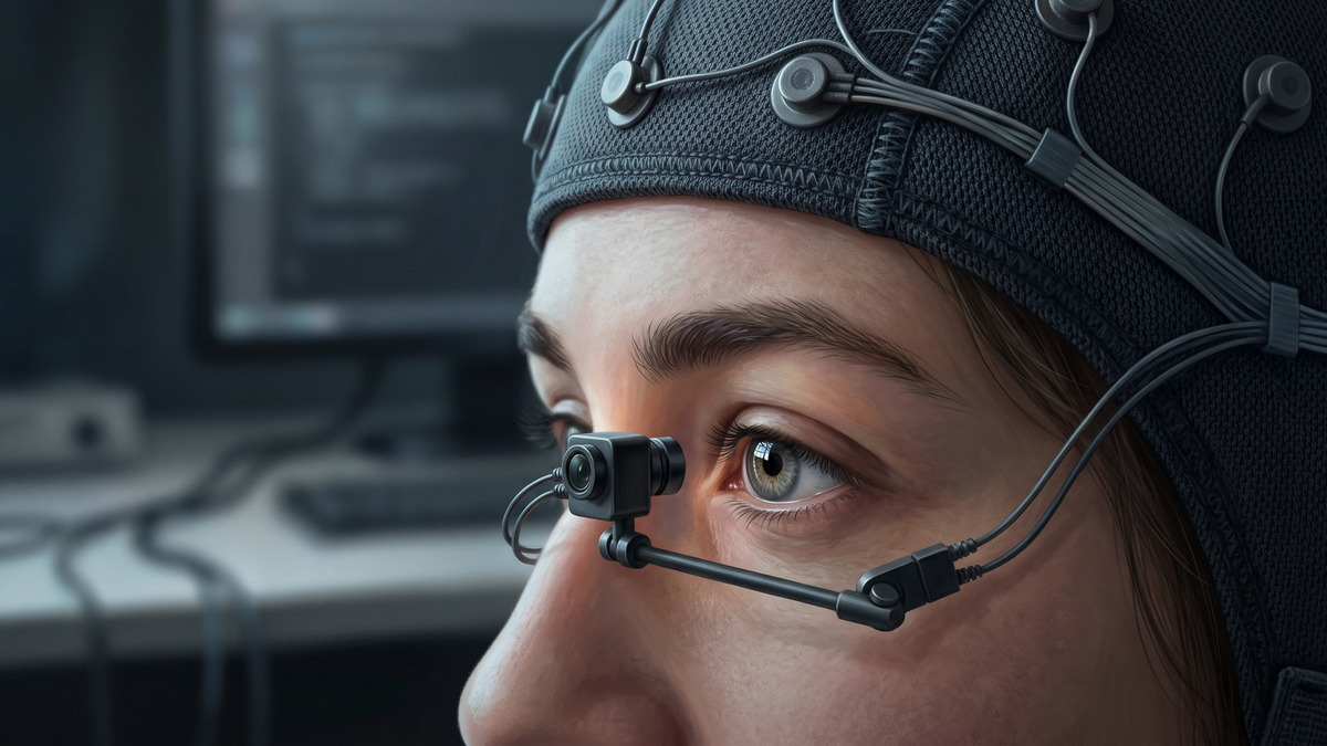 Ilustración de una vista cercana del ojo y del gorro EEG mostrando señales fisiológicas indirectas de atención y control.
