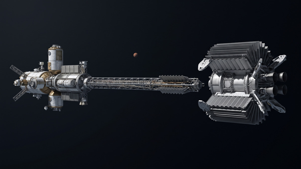 Ilustración de una nave conceptual de SR-1 Freedom con su módulo de potencia separado al final de un boom largo.