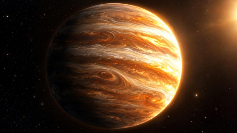 Ilustración de un Júpiter ultracaliente con vientos atmosféricos frenados por un campo magnético inferido durante un tránsito estelar.