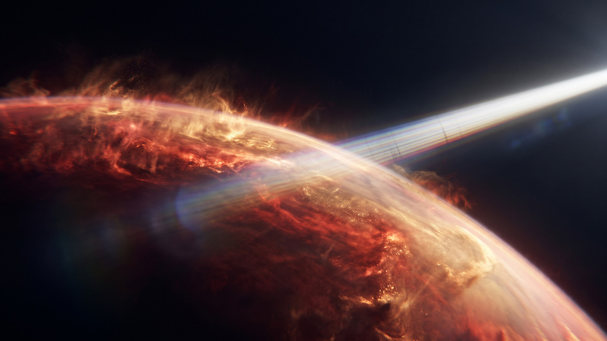 Ilustración de una línea espectral de hierro desplazada por el movimiento del gas en la atmósfera de un exoplaneta.