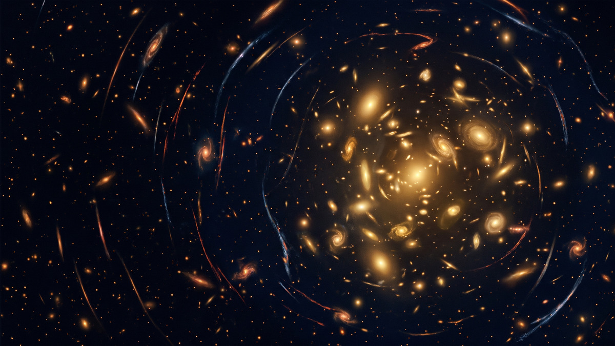 Ilustración de un cúmulo de galaxias deformando la luz de galaxias lejanas en arcos.